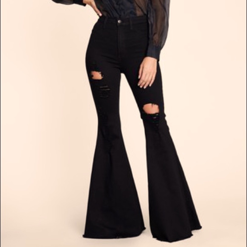 Highrise black distressed bellbottom jeans